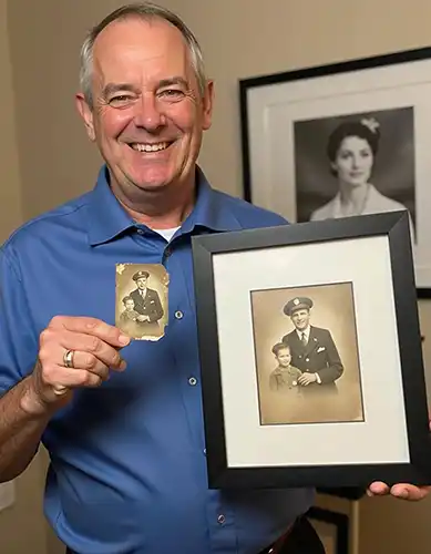 a father holding a damaged old phot and a repaired photo as a gift Melbourne Photo Restoration Rescue