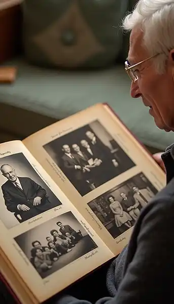 elderly man with dimentia looking at restored photos
