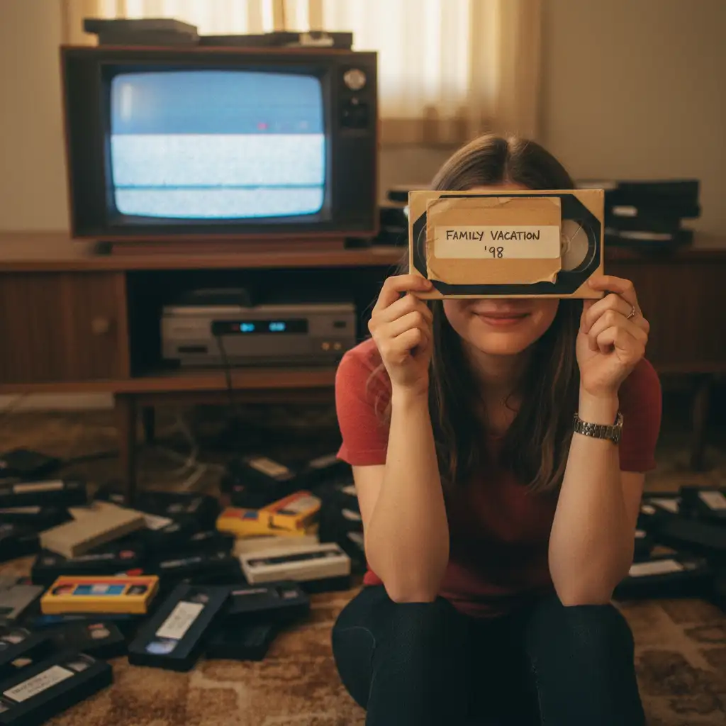 girl holding a vhs tape Melbourne Photo Restoration Rescue
